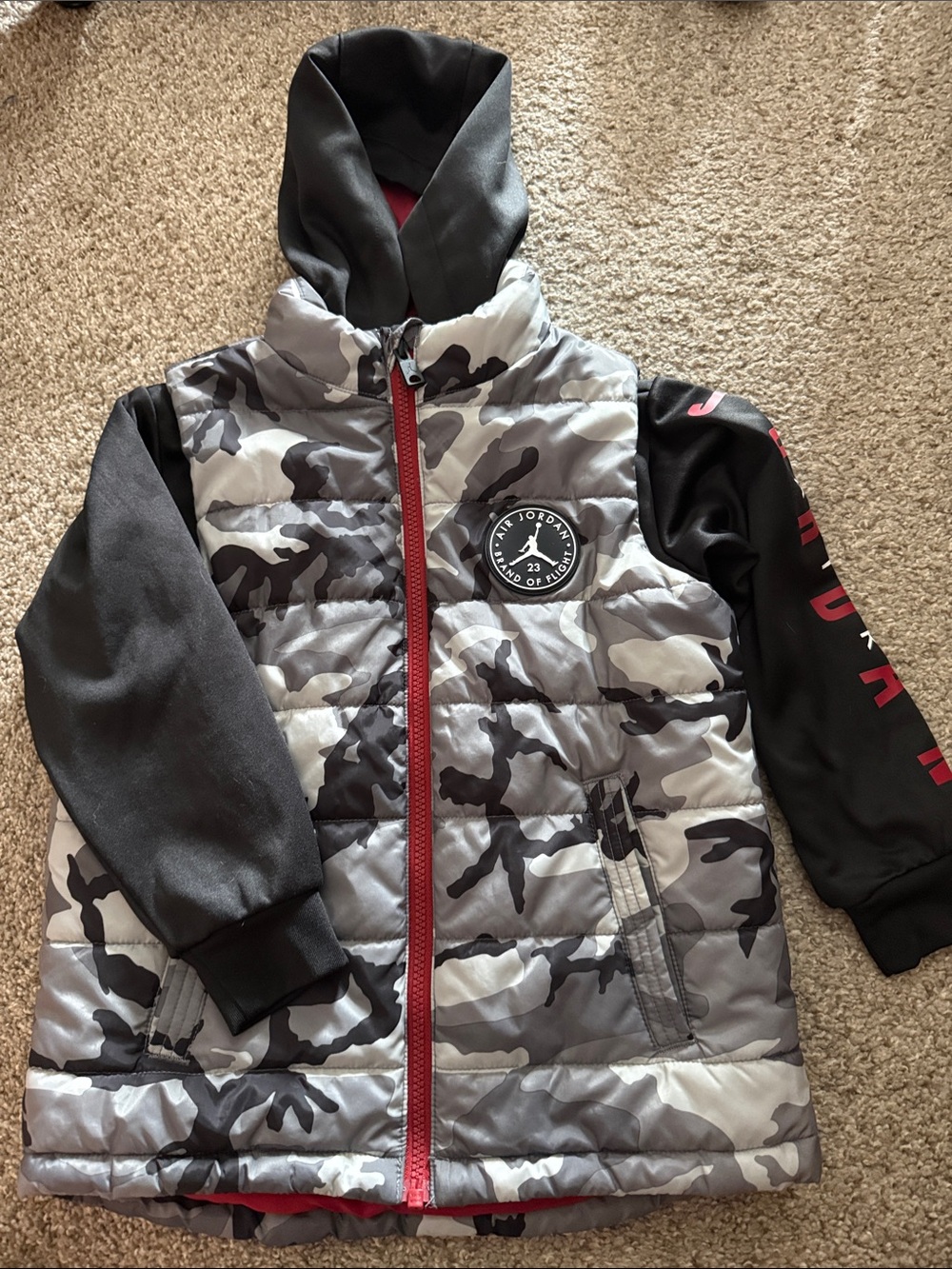 Jordan Gray Black Camo Puffer Jacket with Red Zip